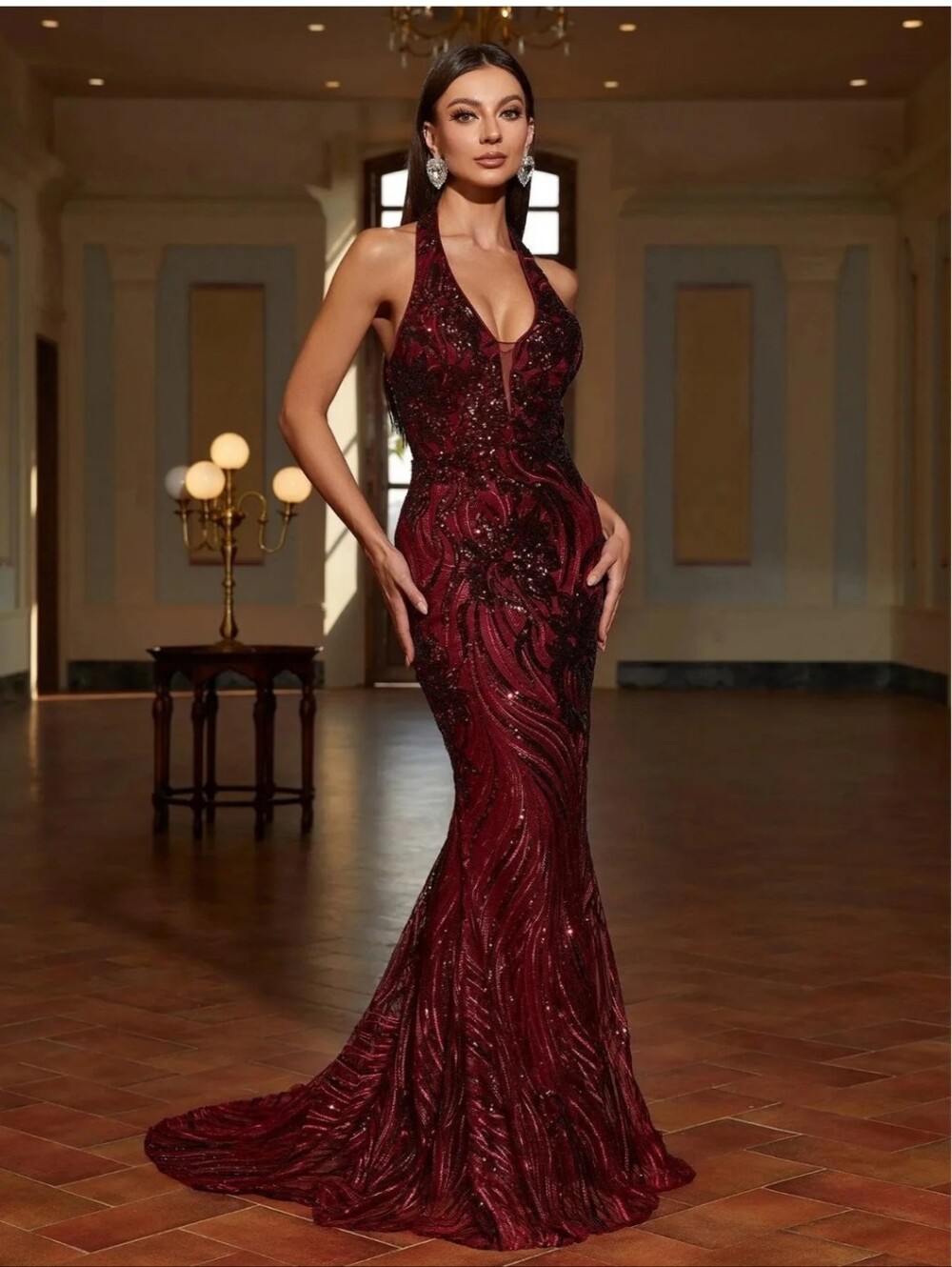Sleeveless Burgundy Sequin Halter Prom Gown - Picture 12 of 16